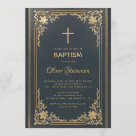 ヴィンテージネイビーブルーボーイエレガントバプテスマ 招待状