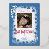 ヴィンテージネイビーブルーマウーブピンクバルミツワー写真 箔招待状 (正面)