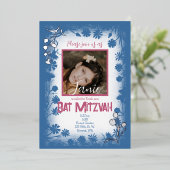 ヴィンテージネイビーブルーマウーブピンクバルミツワー写真 箔招待状 (立ち正面)