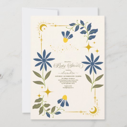 ヴィンテージネイビーブルー天球植物性ベビーシャワー 招待状 (正面)