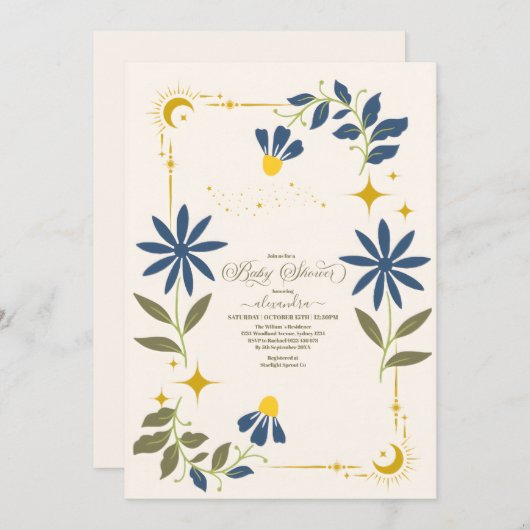 ヴィンテージネイビーブルー天球植物性ベビーシャワー 招待状 (正面/裏面)