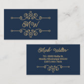 ヴィンテージネイビーブルー金ゴールドエレガントフローリッシュモノグラム 名刺 (正面/裏面)