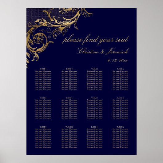 ヴィンテージネイビーブルー金ゴールドダマスクウェディングシート ポスター (正面)