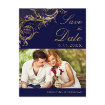 ヴィンテージネイビーブルー金ゴールドダマスク写真セーブ日付