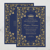 ヴィンテージネイビーブルー金ゴールドフレームティアラキンセアニェラ 招待状 (正面/裏面)