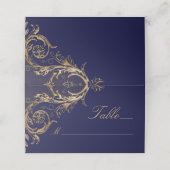 ヴィンテージネイビーブルー金ゴールドフローラダマスクウェディング プレイスカード (外部開封)