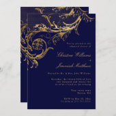 ヴィンテージネイビーブルー金ゴールドフローラリハーサルディナー 招待状 (正面/裏面)