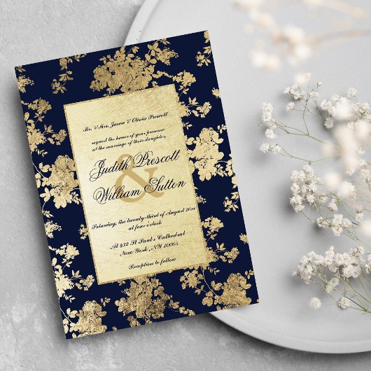 ヴィンテージネイビーブルー金ゴールドフローラルパター結婚ンのインビ 招待状