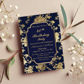ヴィンテージネイビーブルー金ゴールドフローラ40歳の誕生日 インビテーションポストカード