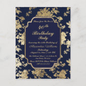 ヴィンテージネイビーブルー金ゴールドフローラ40歳の誕生日 インビテーションポストカード (正面)