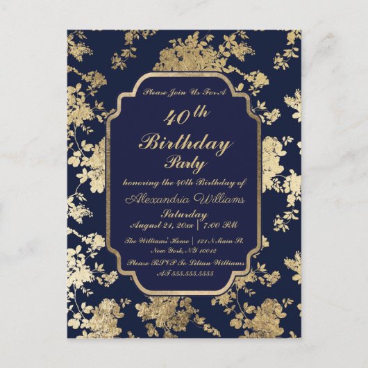 ヴィンテージネイビーブルー金ゴールドフローラ40歳の誕生日 インビテーションポストカード (正面)