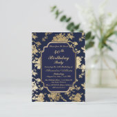 ヴィンテージネイビーブルー金ゴールドフローラ40歳の誕生日 インビテーションポストカード (スタンド正面)