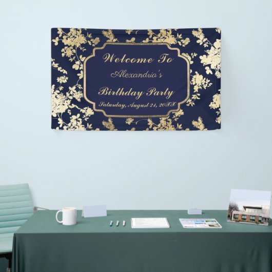 ヴィンテージネイビーブルー金ゴールドフローラ40歳の誕生日 横断幕 (トレードショー)