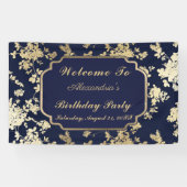 ヴィンテージネイビーブルー金ゴールドフローラ40歳の誕生日 横断幕 (横)