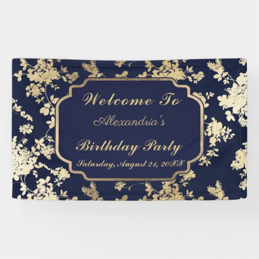 ヴィンテージネイビーブルー金ゴールドフローラ40歳の誕生日 横断幕 (横)
