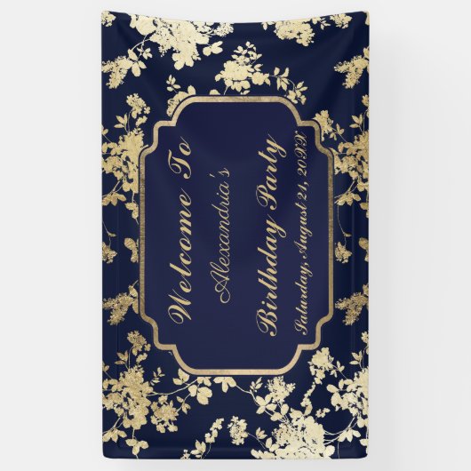 ヴィンテージネイビーブルー金ゴールドフローラ40歳の誕生日 横断幕 (縦)