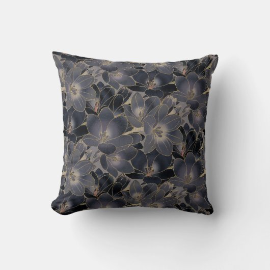 ヴィンテージネイビーブルー&スモーキーグレーフローラルパターン クッション (正面)