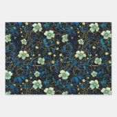 ヴィンテージネイビーブルー、ティール（緑がかった色）開花デクペエレガントージ ラッピングペーパーシート (正面2)