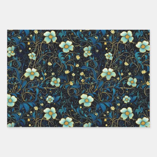ヴィンテージネイビーブルー、ティール（緑がかった色）開花デクペエレガントージ ラッピングペーパーシート (正面2)