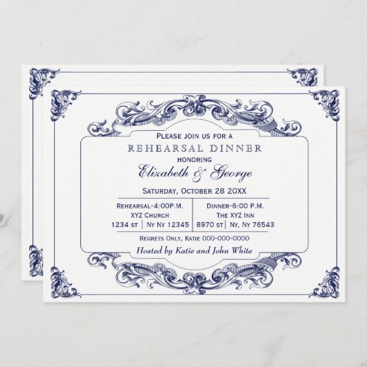 ヴィンテージネイビーホワイトリハエレガントーサルディナー 招待状 (正面/裏面)