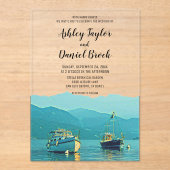 ヴィンテージネイビーボート沿岸目的地の結婚式 アクリル招待状 (正面)