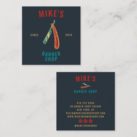 ヴィンテージネイビーメンズバーバーショップカミソリ美容師 スクエア名刺 (正面/裏面)