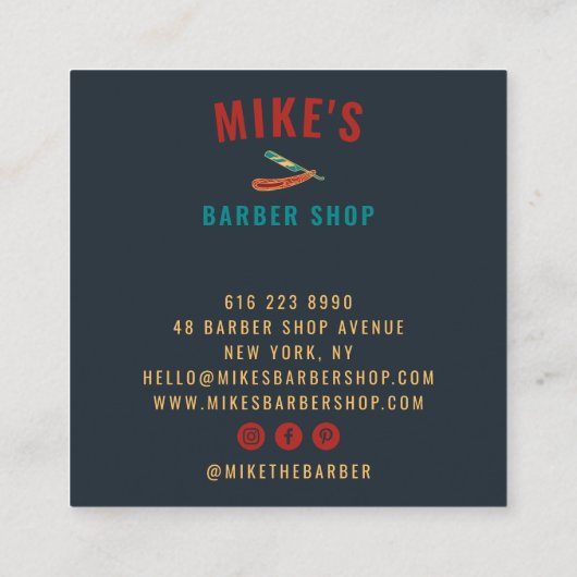 ヴィンテージネイビーメンズバーバーショップカミソリ美容師 スクエア名刺 (裏面)