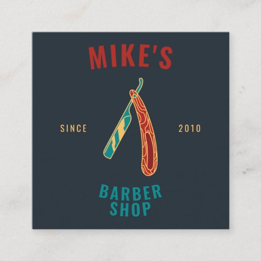ヴィンテージネイビーメンズバーバーショップカミソリ美容師 スクエア名刺 (正面)