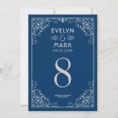 ヴィンテージネイビー結婚シルバーのテーブル番号 招待状 (正面)