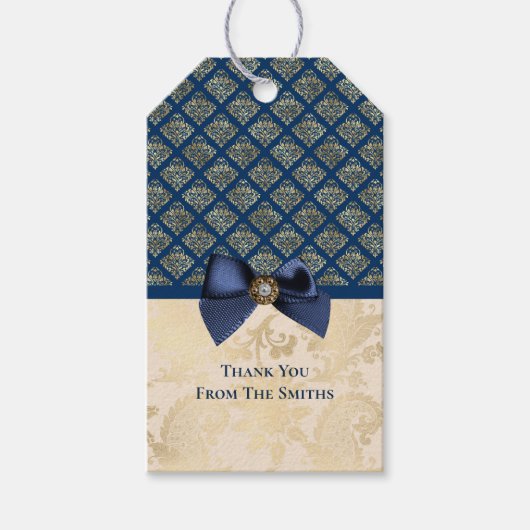 ヴィンテージネイビー金ゴールドダマスクありがとうお名前 ギフトタグ (正面)