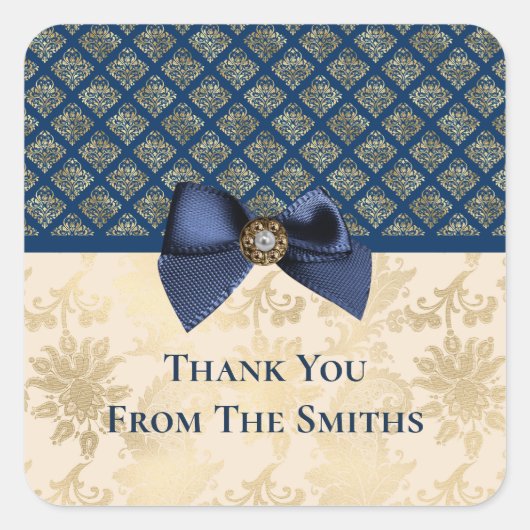ヴィンテージネイビー金ゴールドダマスクありがとうお名前 スクエアシール (正面)
