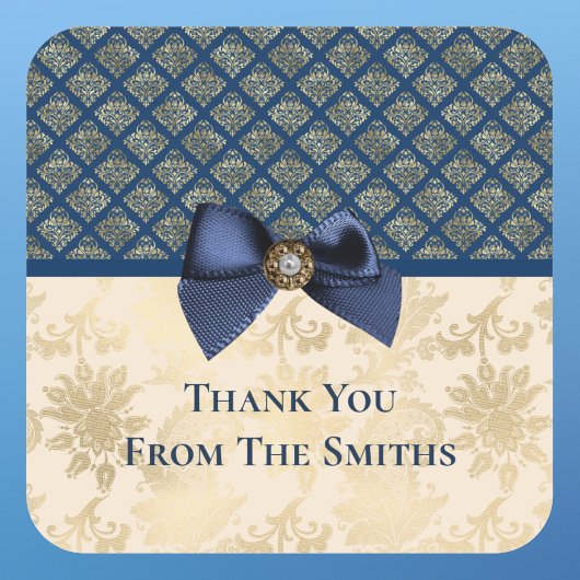 ヴィンテージネイビー金ゴールドダマスクありがとうお名前 スクエアシール