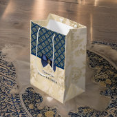 ヴィンテージネイビー金ゴールドダマスクありがとうお名前 ミディアムペーパーバッグ