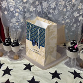 ヴィンテージネイビー金ゴールドダマスクありがとうお名前 ミディアムペーパーバッグ