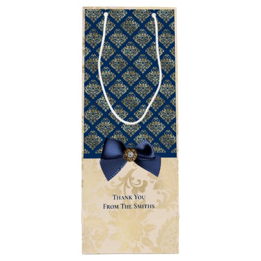 ヴィンテージネイビー金ゴールドダマスクありがとうお名前 ワインギフトバッグ (裏面)