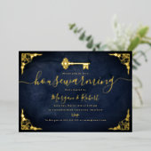 ヴィンテージネイビー金ゴールド鍵引っ越し祝いパーティーパーティー 箔招待状 (立ち正面)