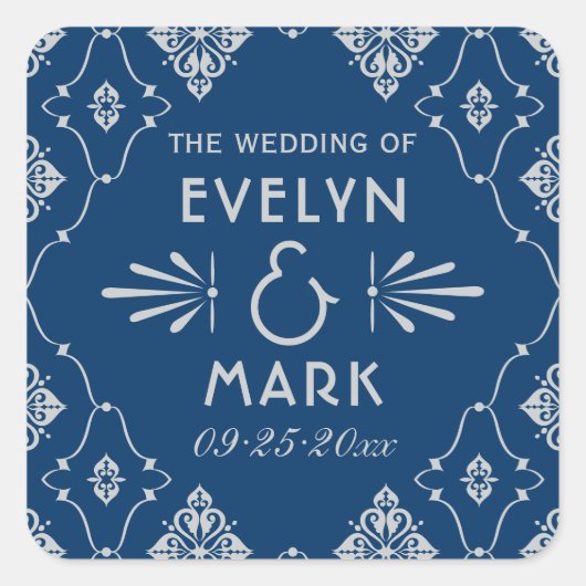 ヴィンテージネイビー銀アールデコ結婚ズモノグラム スクエアシール (正面)