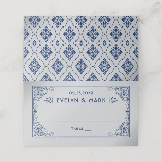 ヴィンテージネイビー・シルバー結婚アールデコ プレイスカード (外部開封)