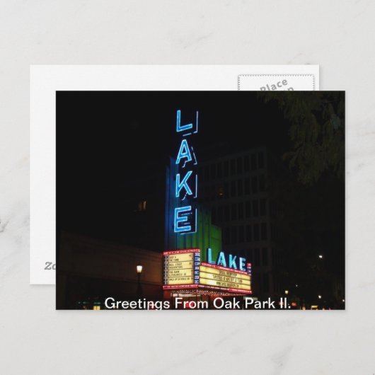 ヴィンテージネオンサイン、レイクシアター、オークパークIl。 ポストカード (正面/裏面)