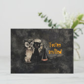 ヴィンテージネコフクロウブラックハローウィンパーティ招待状 招待状 (スタンド正面)