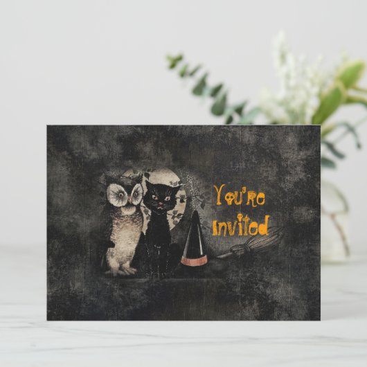 ヴィンテージネコフクロウブラックハローウィンパーティ招待状 招待状 (スタンド正面)
