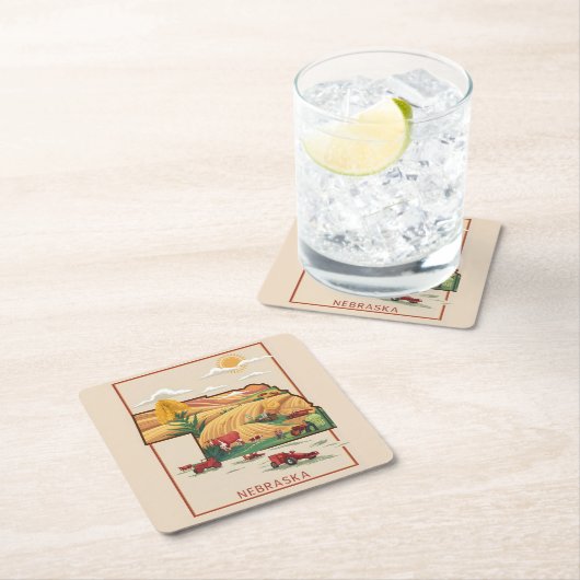 ヴィンテージネブラスカハートランドファームシーン スクエアペーパーコースター (インサイチュ)