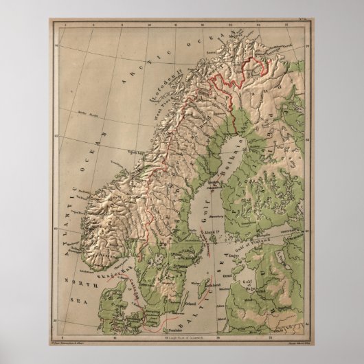 ヴィンテージノルウェーとスウェーデンの物理地図(1880) ポスター (正面)
