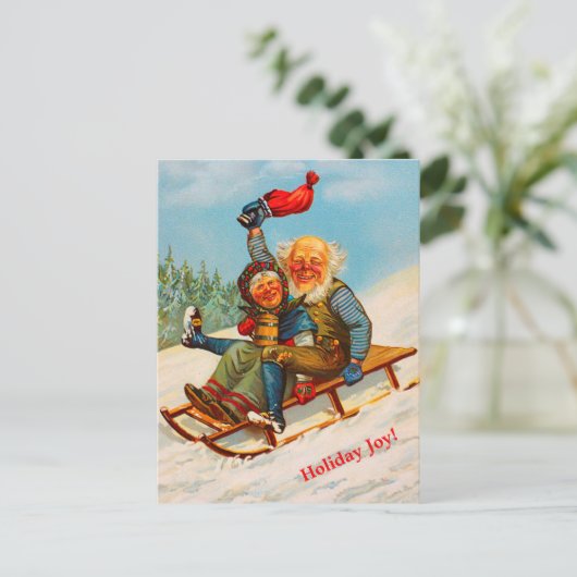 ヴィンテージノルウェーのクリスマスカップルそり(コピー) シーズンポストカード (スタンド正面)