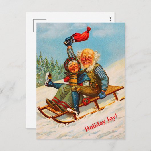 ヴィンテージノルウェーのクリスマスカップルそり(コピー) シーズンポストカード (正面/裏面)