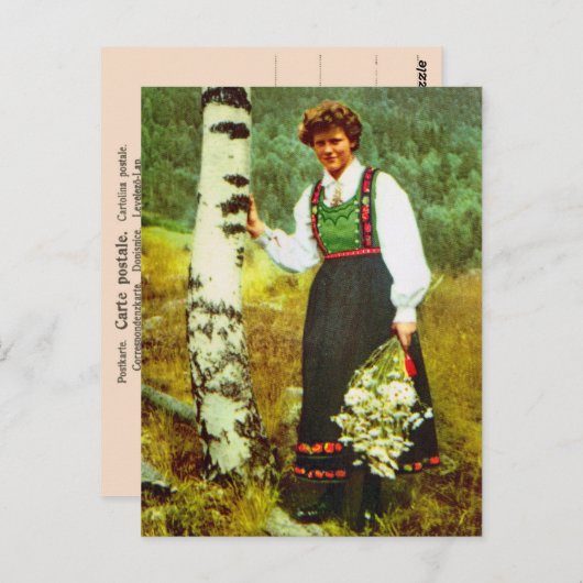 ヴィンテージノルウェーの花を持つ女性 ポストカード (正面/裏面)