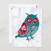 ヴィンテージノルディックブルーレッドフローラフクロウ大理石 ポストカード (正面/裏面)