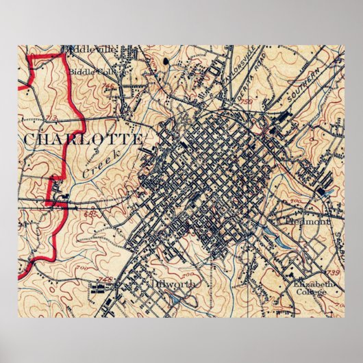 ヴィンテージノースカロライナのシャーロットの地図(1905年) ポスター (正面)