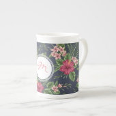 ヴィンテージハイビスカスダークパターンモノグラム骨マグカップ ボーンチャイナマグカップ (正面右)