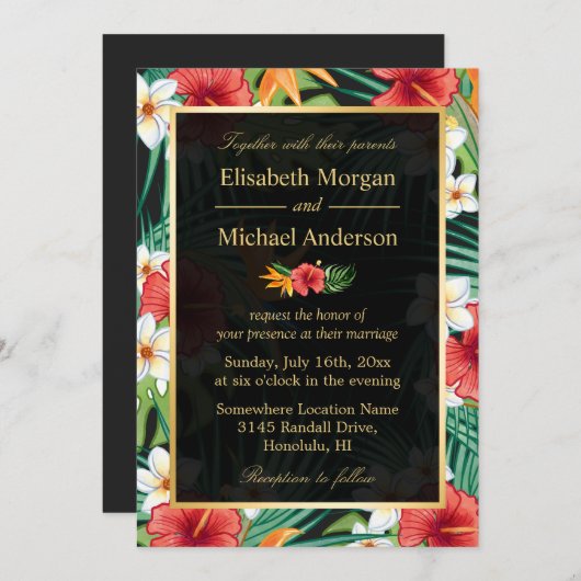 ヴィンテージハイビスカスフローラ金ゴールドフレフォーマルーム結婚ズ 招待状 (正面/裏面)